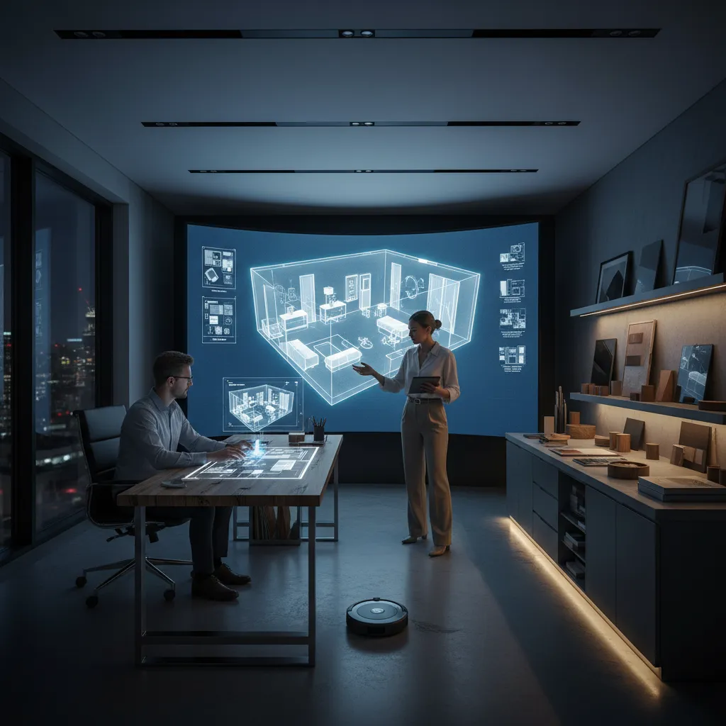 Two designers in a dark office viewing a glowing blue interior design drawing on large screen