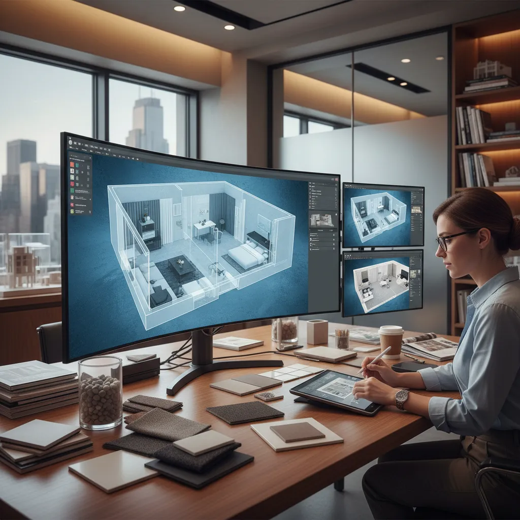 Diseñador creando un plano 3D de distribución interior