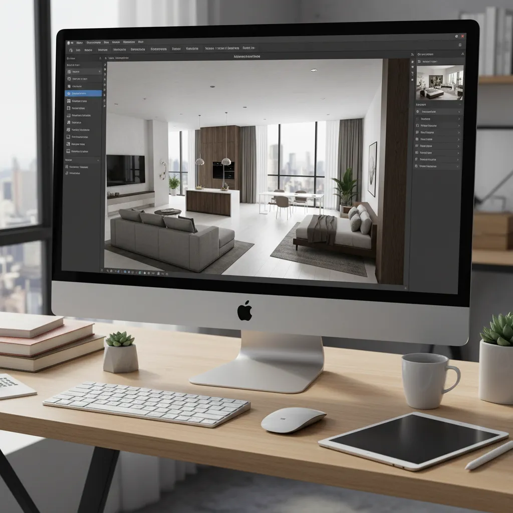 Pantalla con diseño de planta 3D de un apartamento moderno