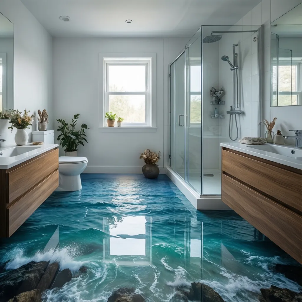 bathroom with ocean themed 3D floor wallpaper on concrete