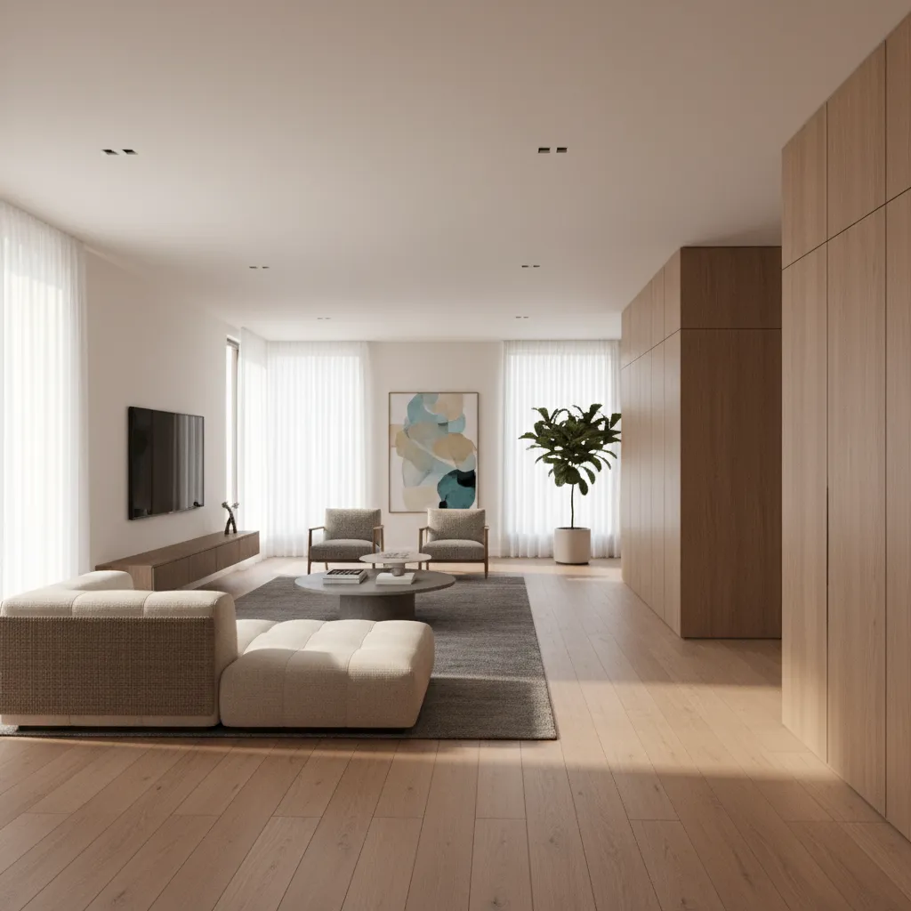 3D preview of apartment interior showing consistent wood flooring across rooms