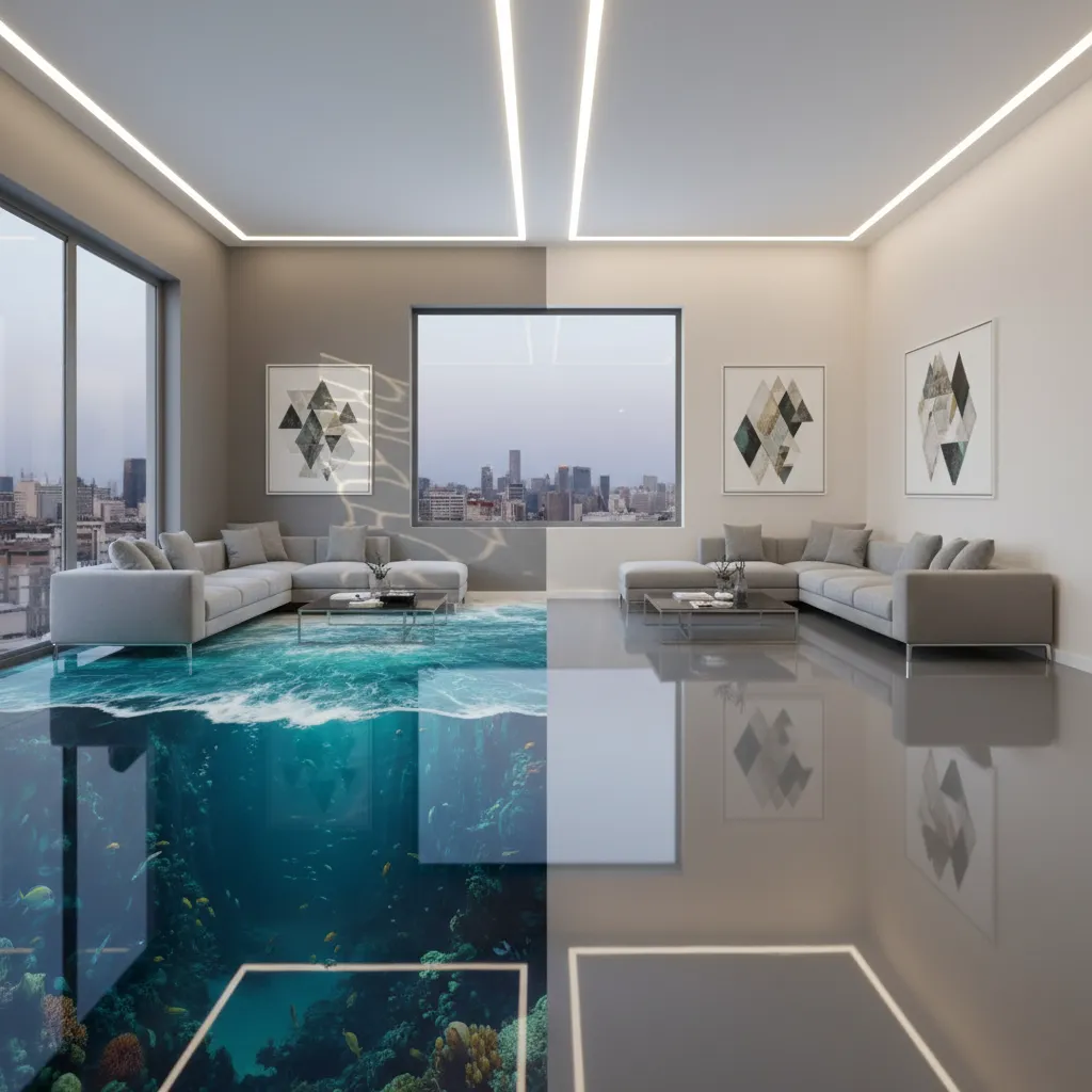 Comparison between a modern living room with 3D ocean flooring and a plain grey floor