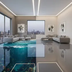 Comparison between a modern living room with 3D ocean flooring and a plain grey floor