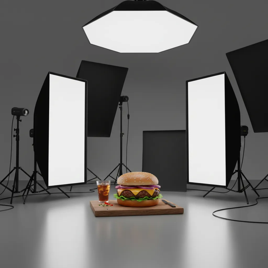 Studio lighting setup for 3D rendered food scene with softbox lighting