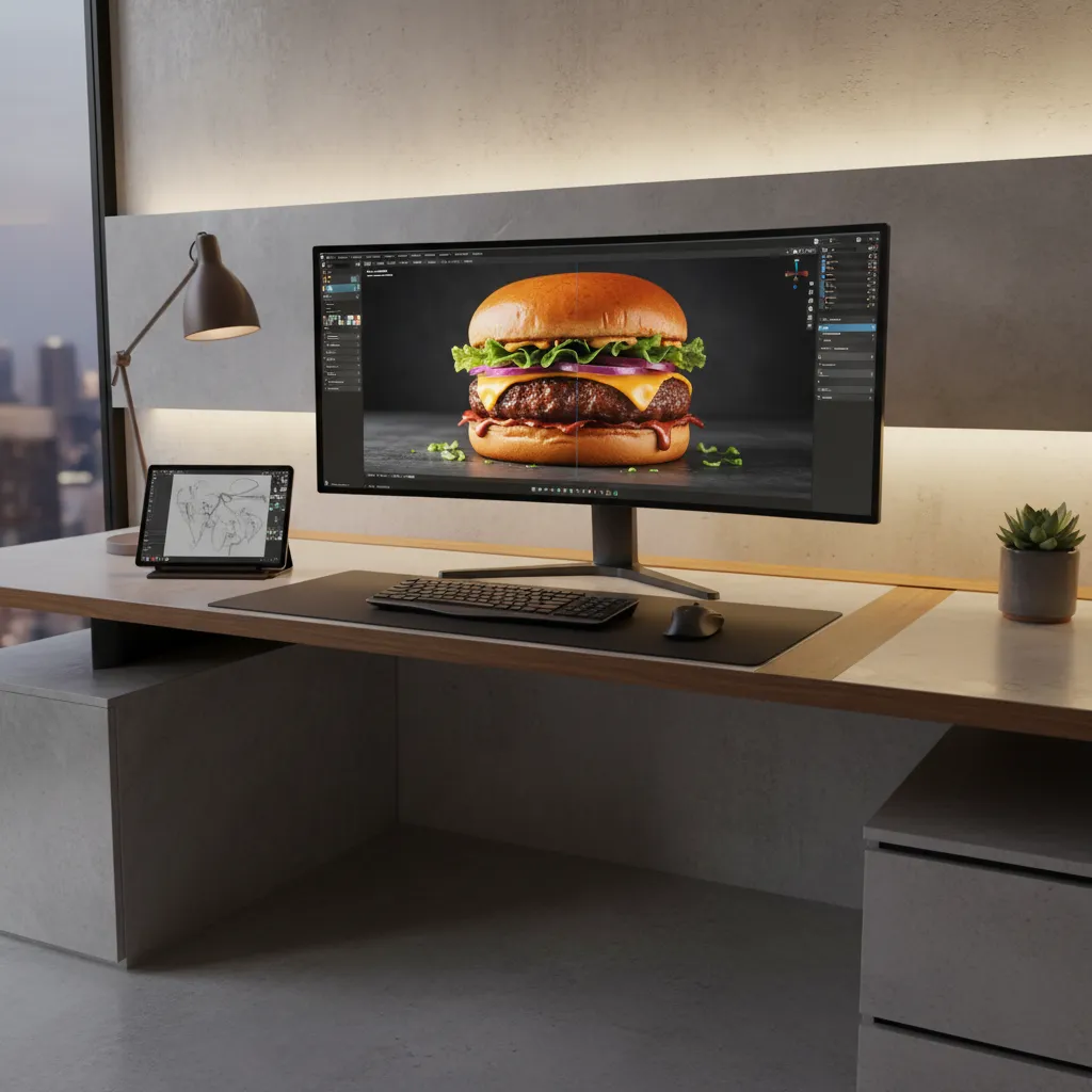 3D artist workspace showing realistic food render on computer screen