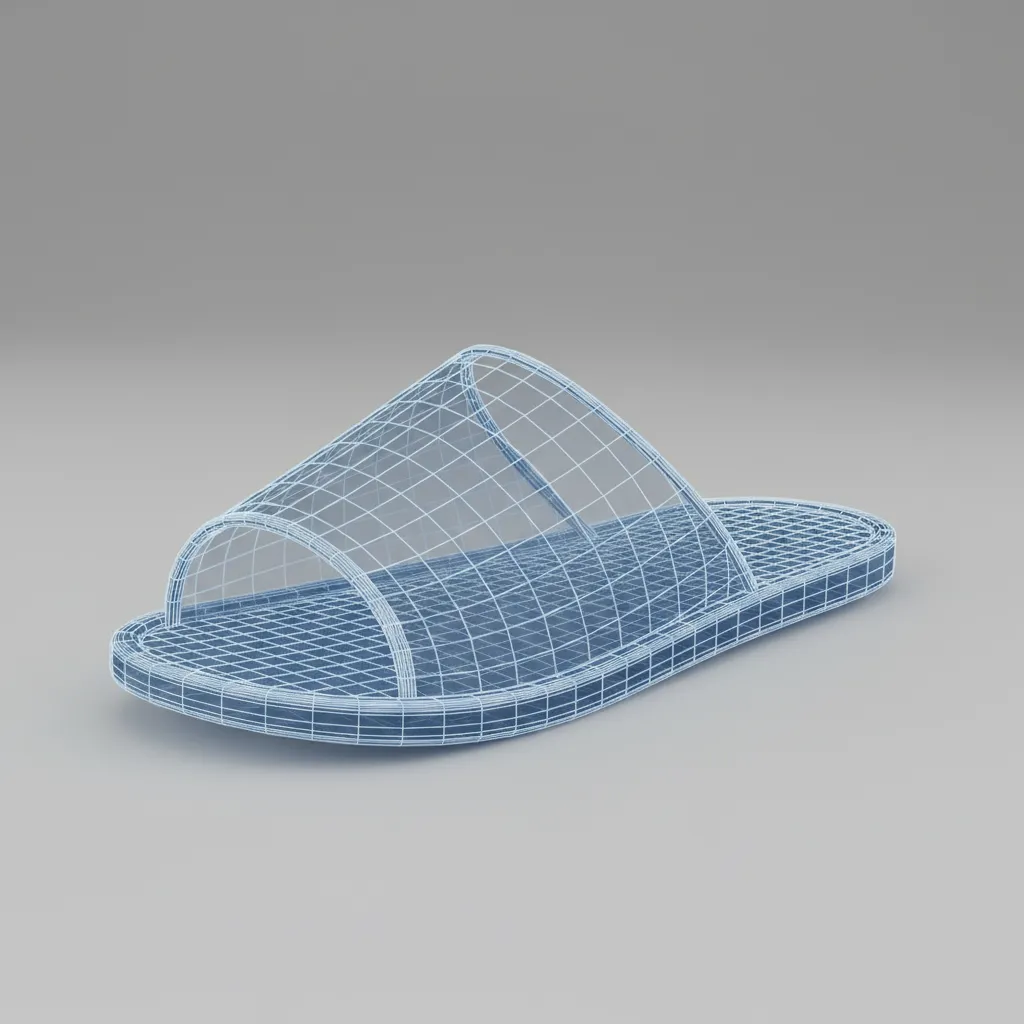 wireframe view of a 3D slipper model showing polygon structure
