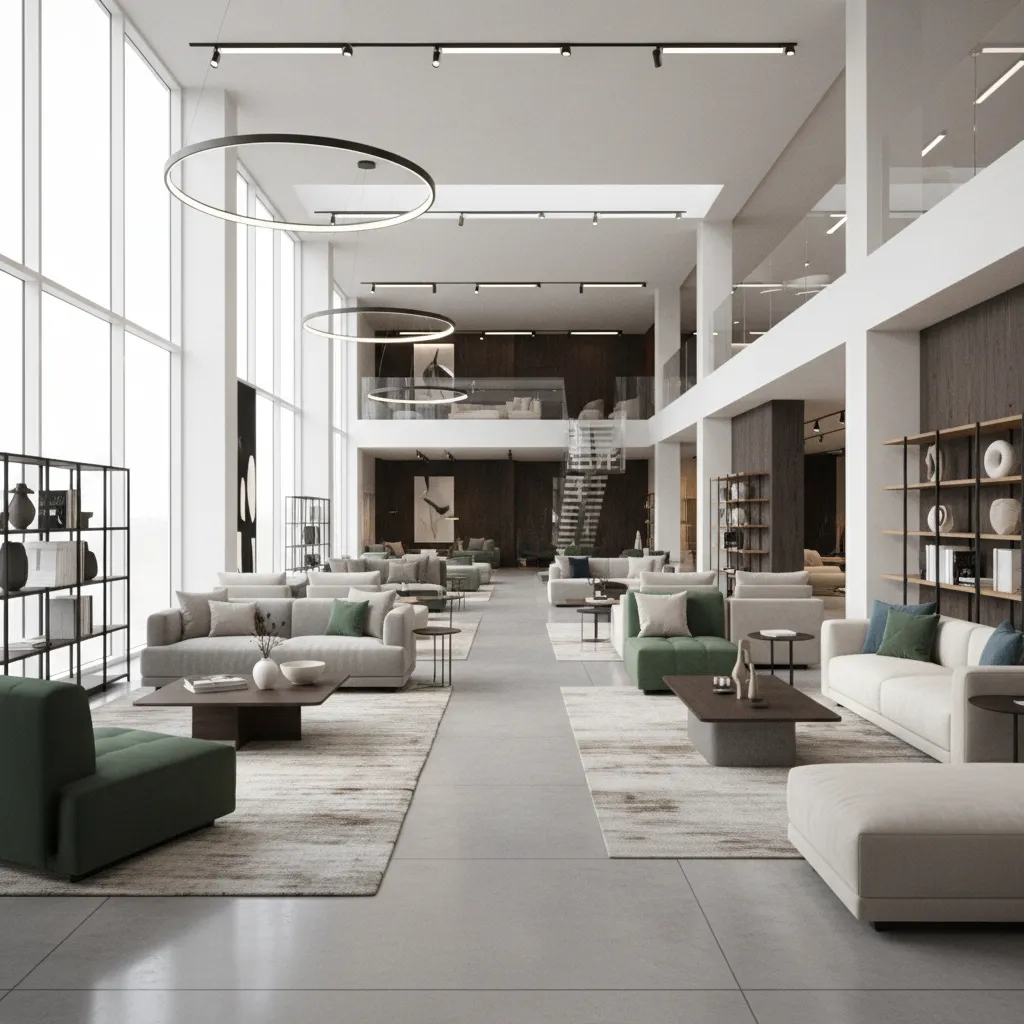 Render 3D de una tienda de muebles con iluminación y zonas de exposición