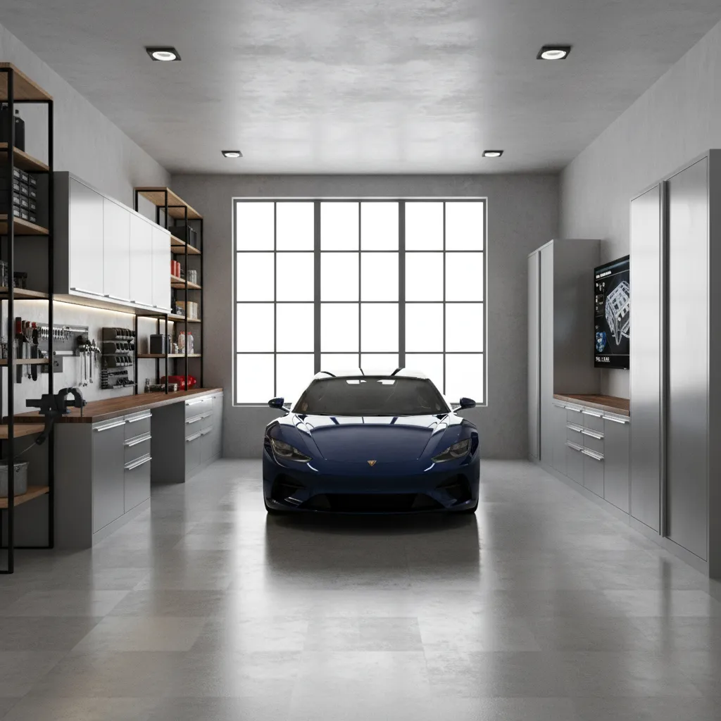 3D garage design visualization showing cabinets shelving and workbench layout