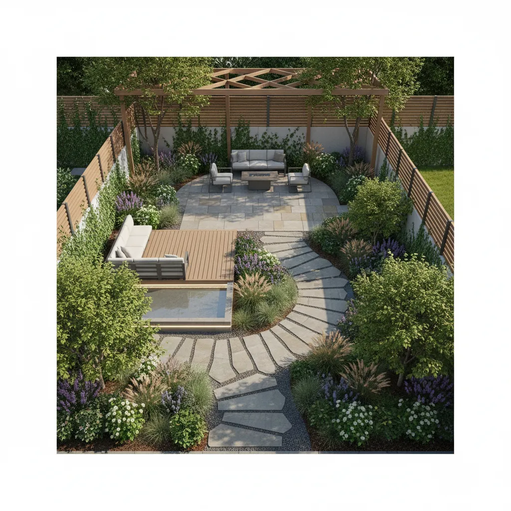 Visualización 3D de diseño de jardín con caminos y zonas exteriores