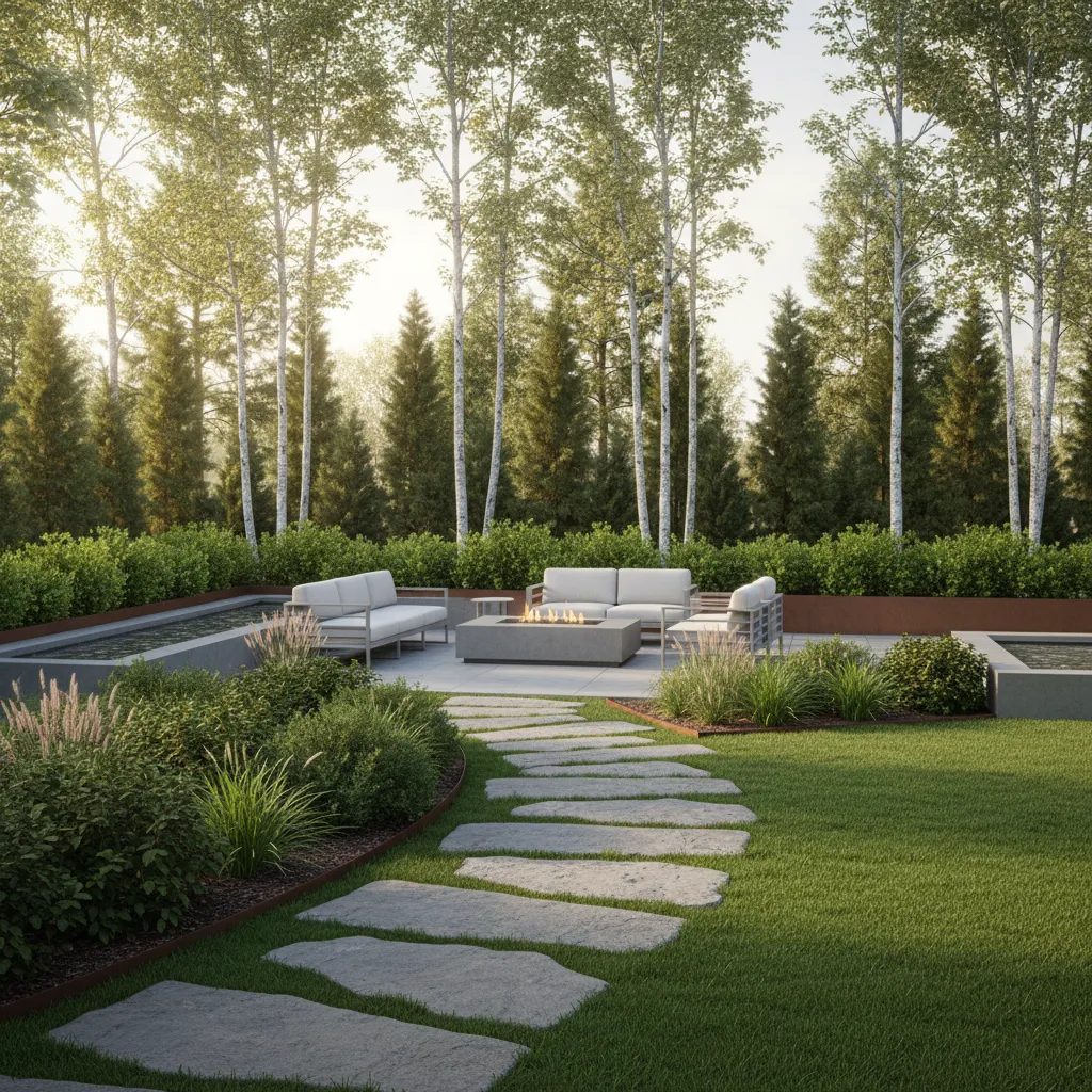 3D garden design software visualization with patio seating plants and pathways