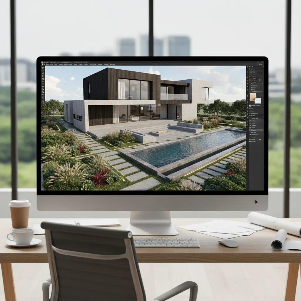 Computer screen showing garden interior design drawing with a modern house and large swimming pool