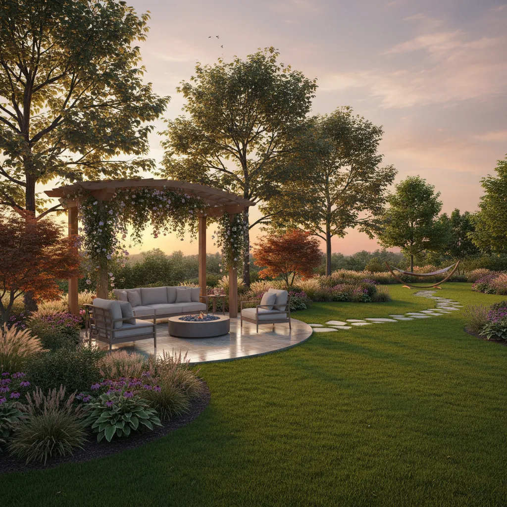 Visualización 3D de un jardín residencial con terraza y árboles