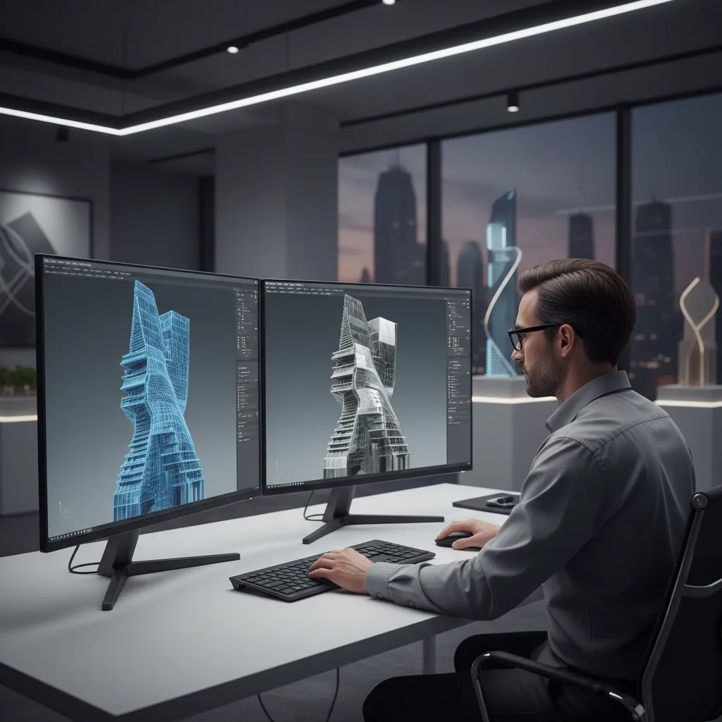 Engineer inspecting 3D mesh structure and geometry validation on workstation