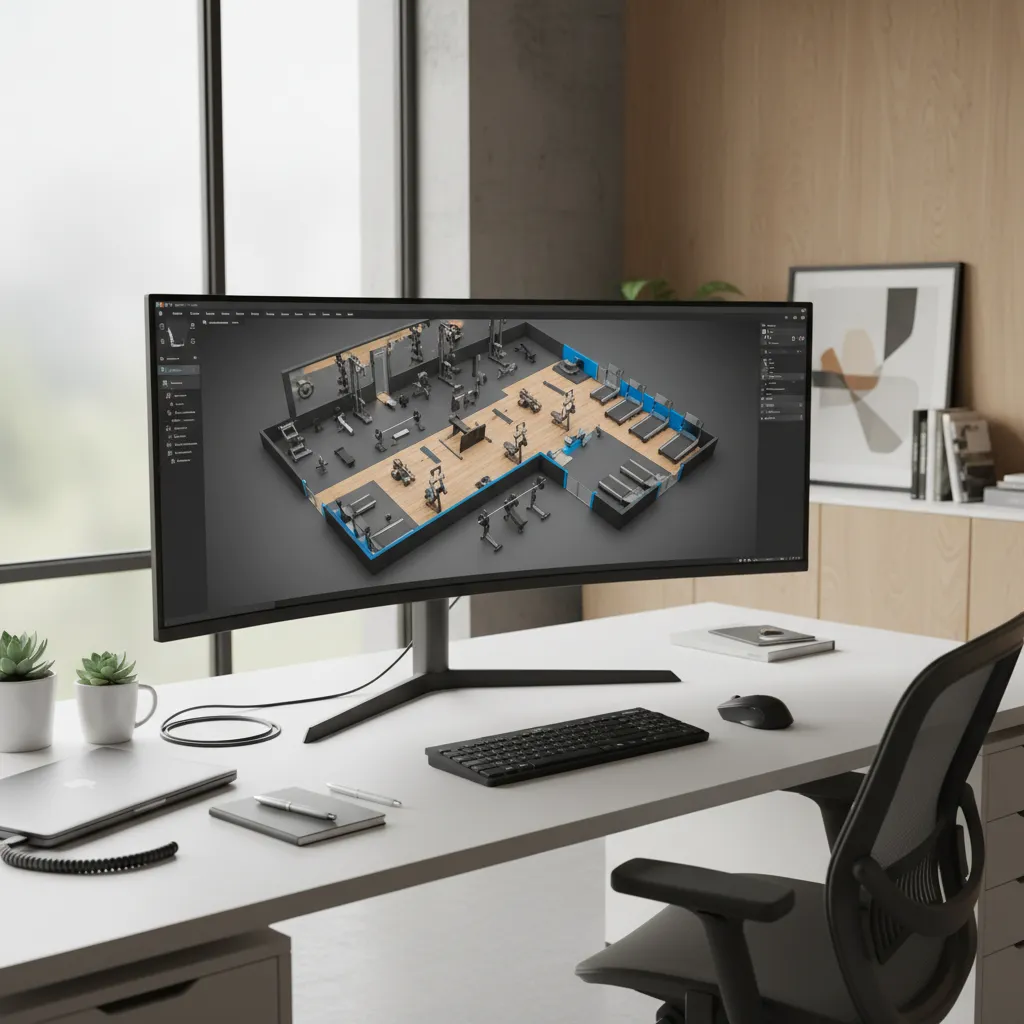 designer working on 3D gym floor plan on computer screen