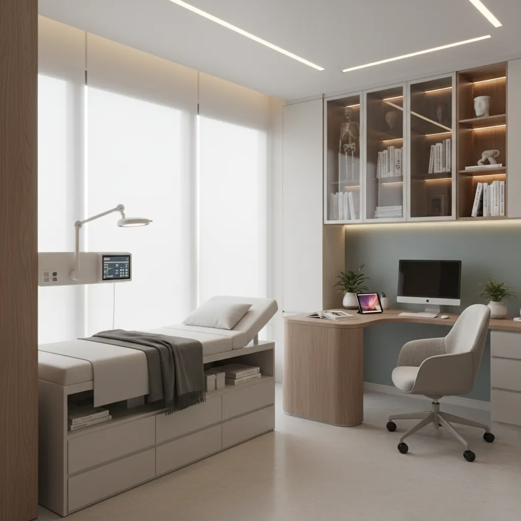 Modern medical clinic interior design with treatment bed a wooden desk computer and glass cabinet
