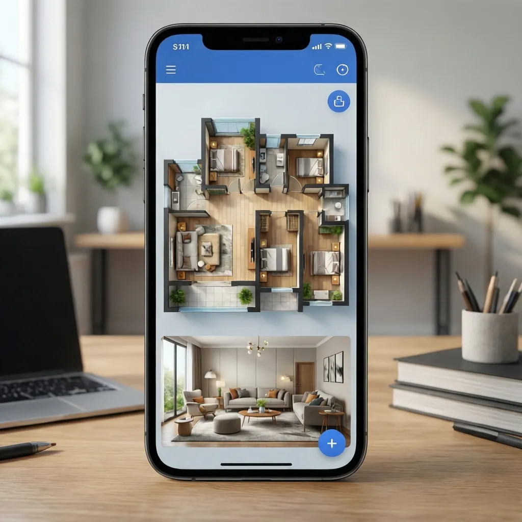 Giao diện ứng dụng thiết kế nhà 3D hiển thị mặt bằng và mô hình phòng khách