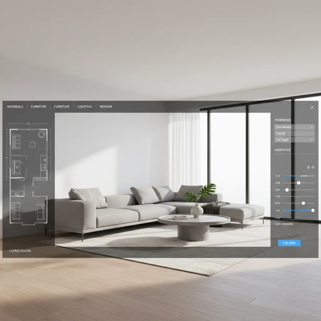 Giao diện app thiết kế nhà 3D với mô hình phòng khách