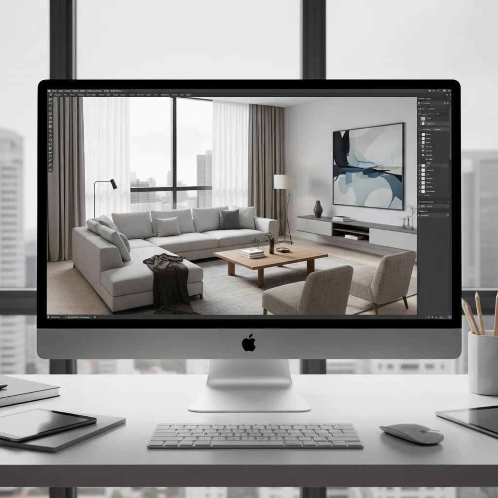 Computer monitor showing Coohom 3D interior design software with a modern grey living room layout