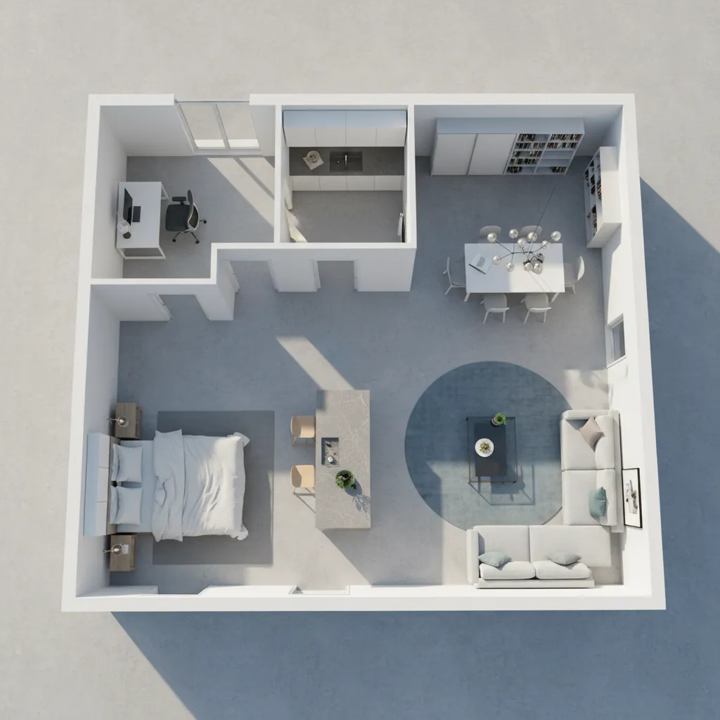 3D rendered house floor plan showing rooms furniture and layout