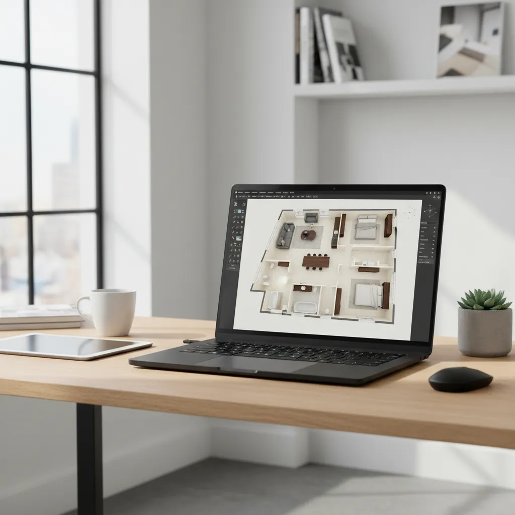 Laptop displaying 3D home floor plan visualization software