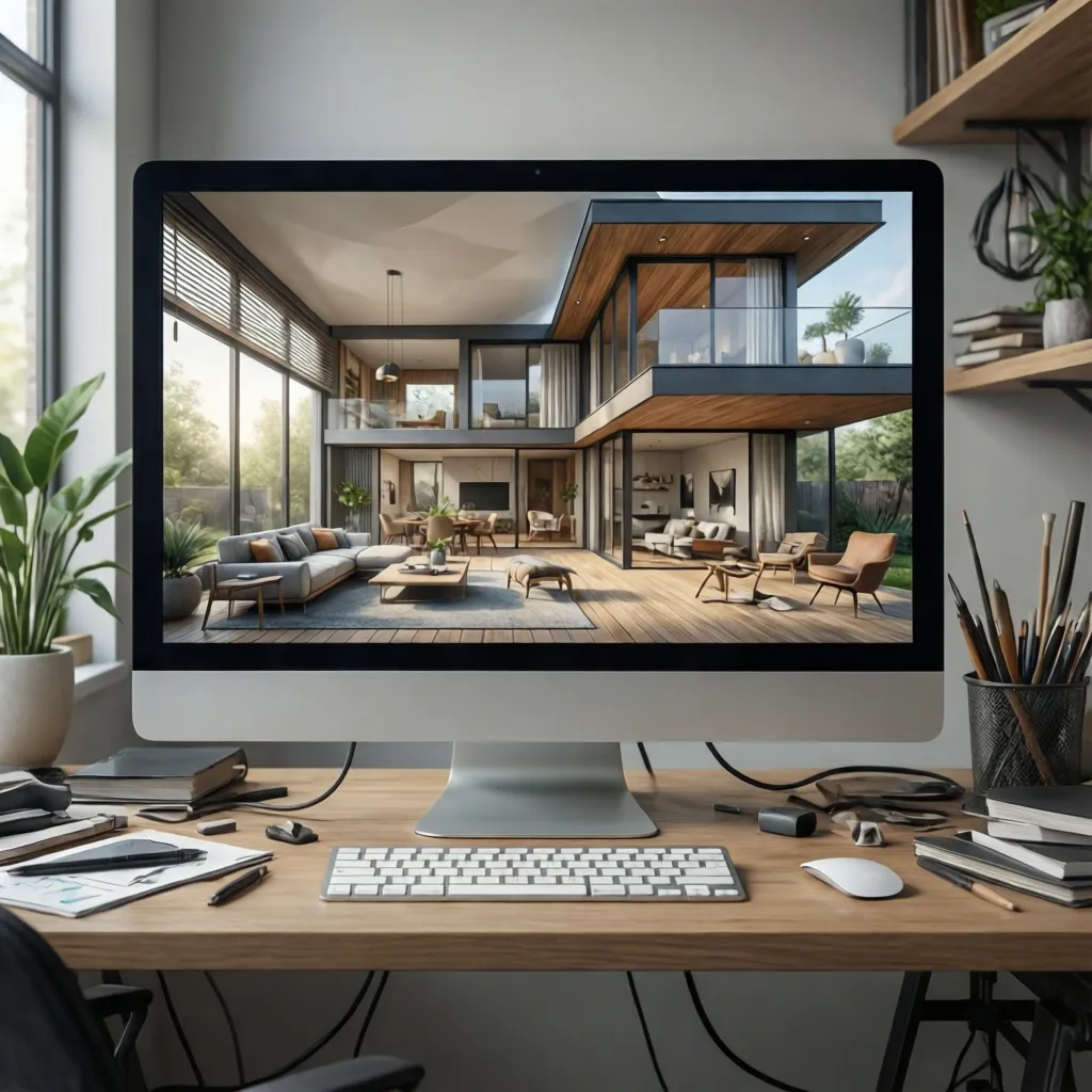 Coohom software on desktop screen displaying luxury home design on wooden desk with office tools