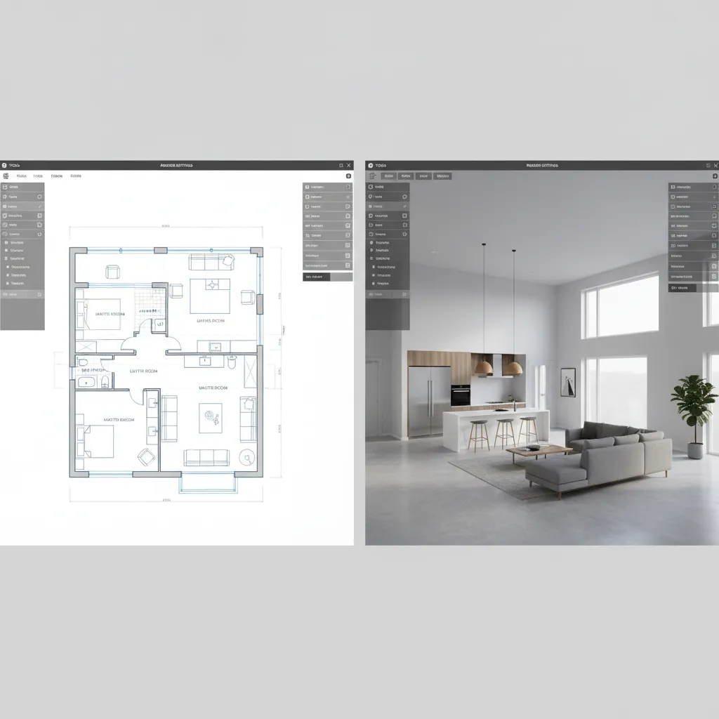 Interfaz de software mostrando plano de casa en 2D y vista 3D simultánea