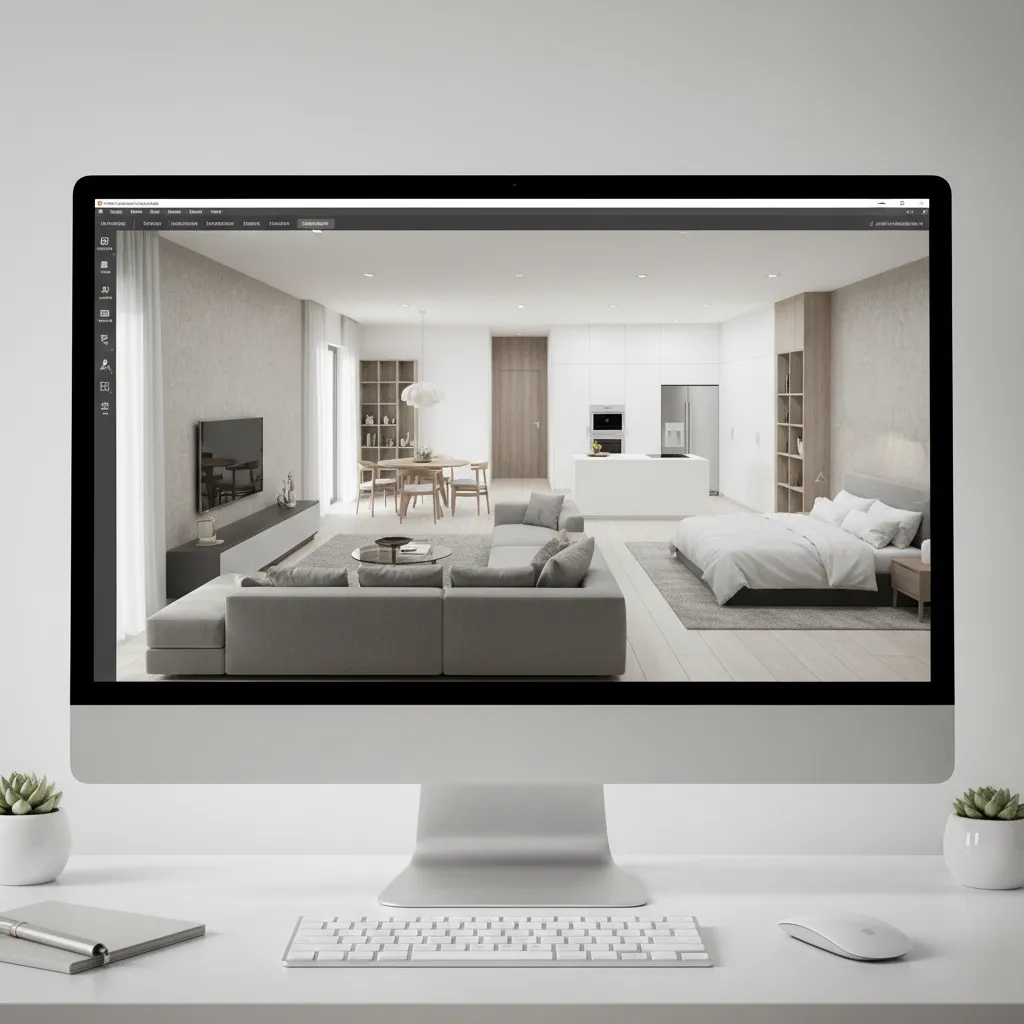 Desktop computer displaying a modern interior design drawing of an open plan living area bedroom
