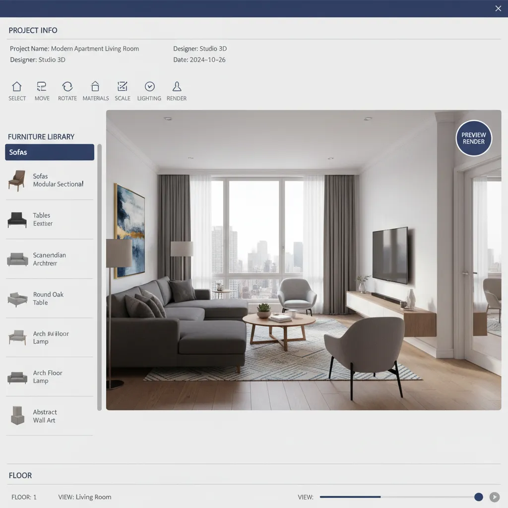Interior design app interface showing furniture library for sofas and a living room design drawing