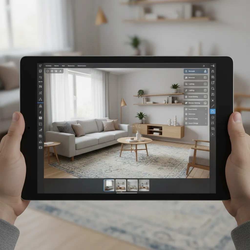 Hands holding a tablet showing a 3D living room with grey sofa and wooden furniture