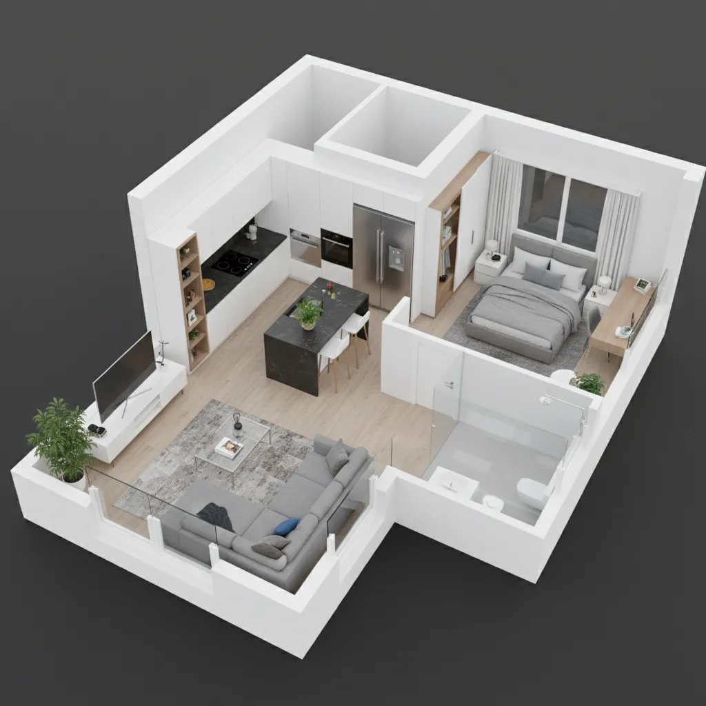3D house layout model showing rooms and furniture arrangement