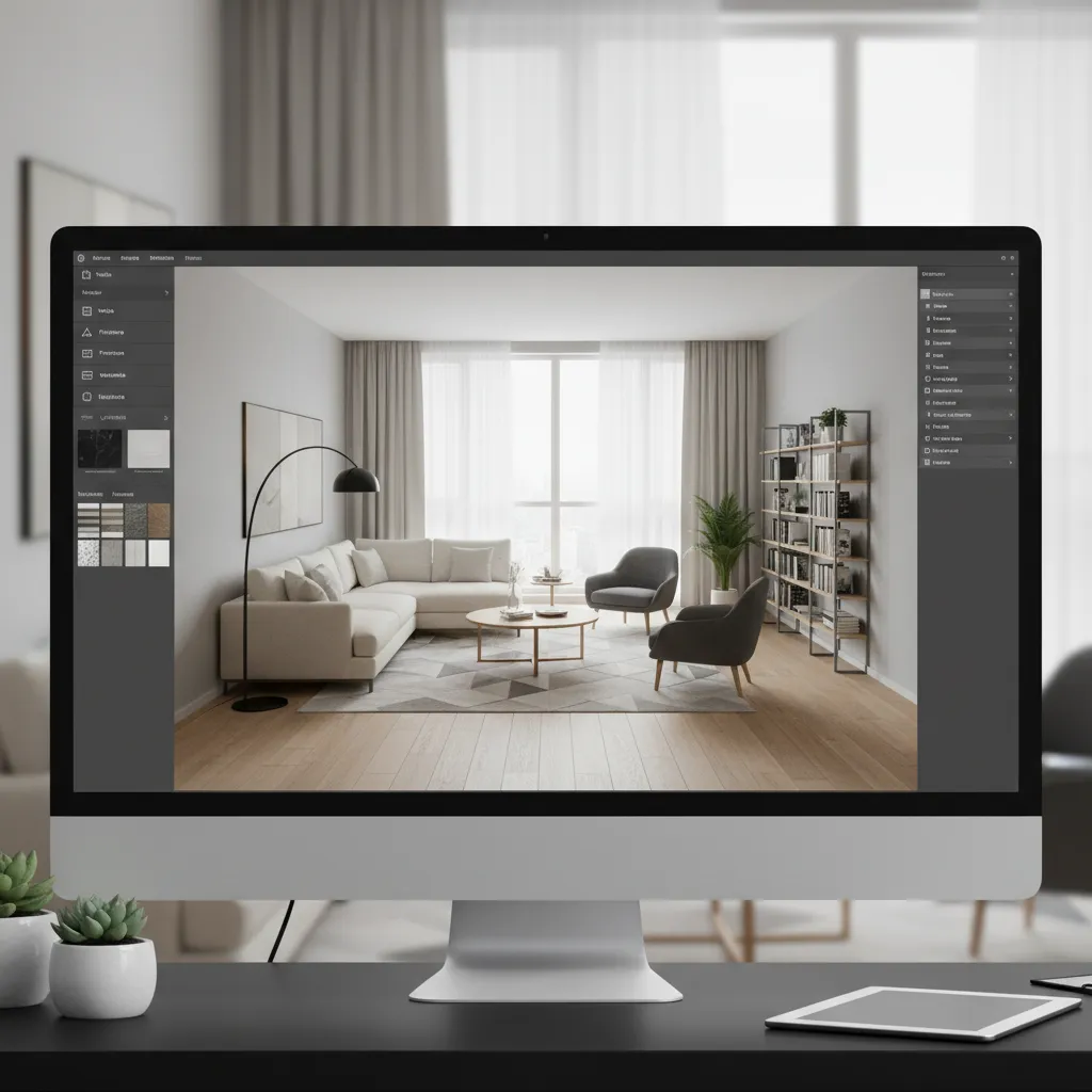 Giao diện thiết kế nhà 3D online hiển thị mô hình phòng khách