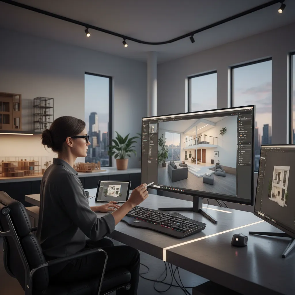 Professional designer using interior design drawing software on a large screen monitor in an office