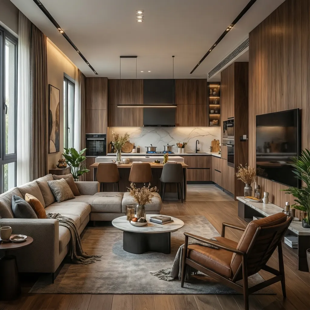 Open plan living area with wooden wall panels grey sofa leather armchair and modern kitchen