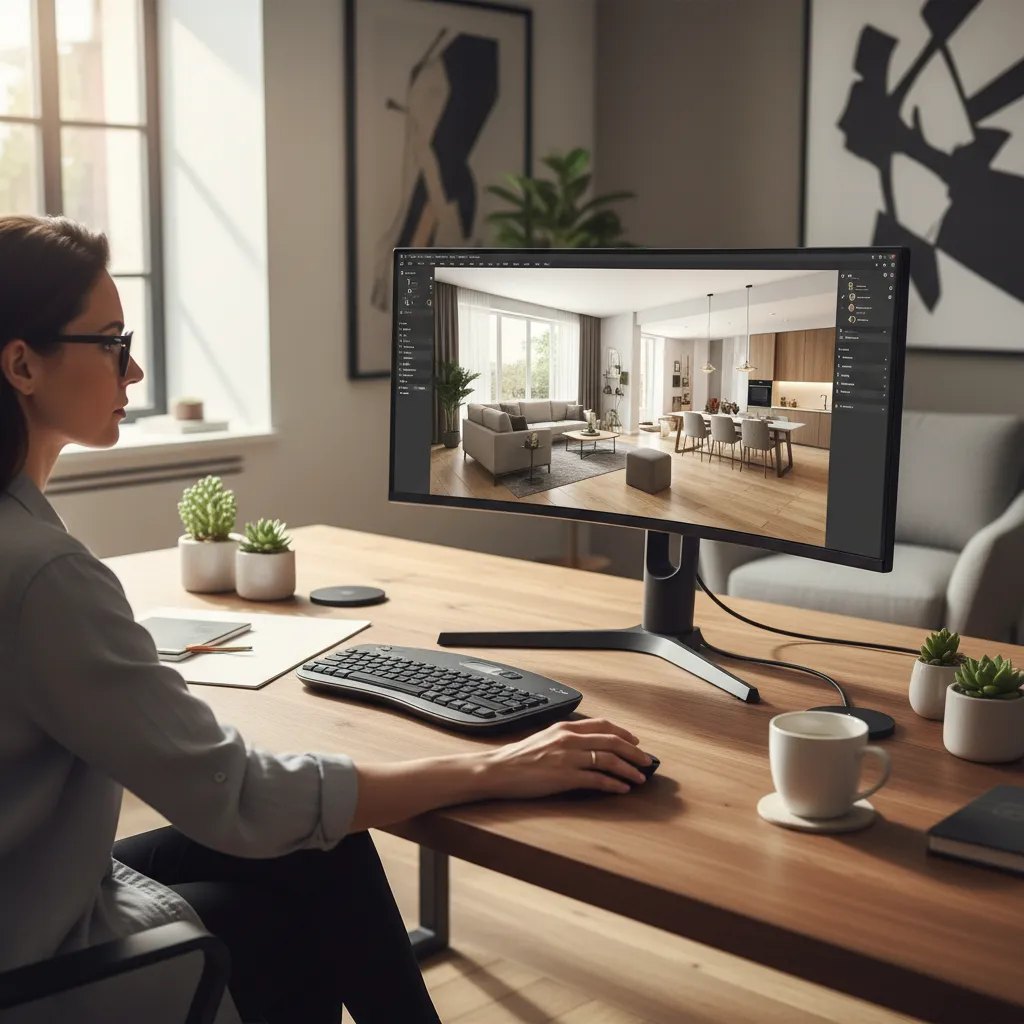 designer viewing 3D home interior rendering on computer screen
