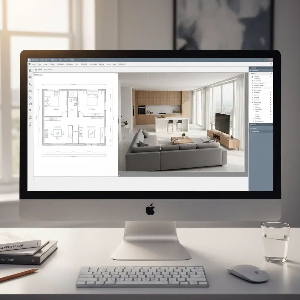 Màn hình máy tính hiển thị phần mềm thiết kế nhà 3D với mô hình căn hộ hiện đại