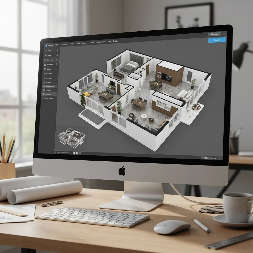3D home design software interface showing floor plan and interior layout