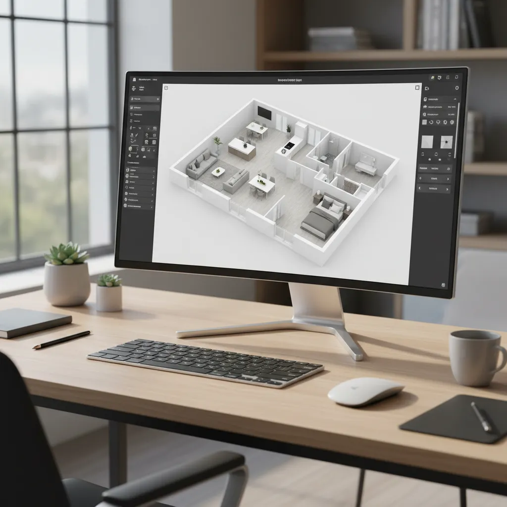Laptop displaying a 3D home layout design interface with furniture and walls