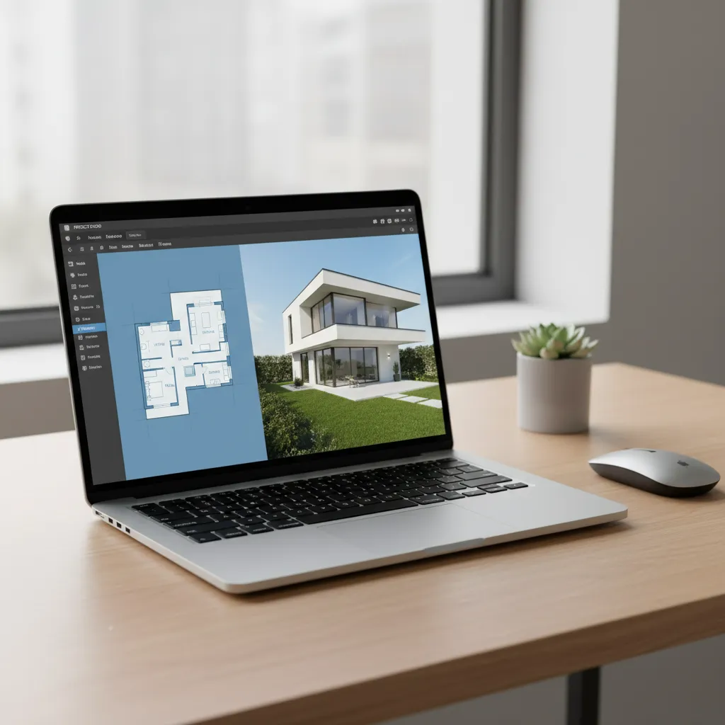 Laptop displaying 3D home design software with floor plan and 3D house model