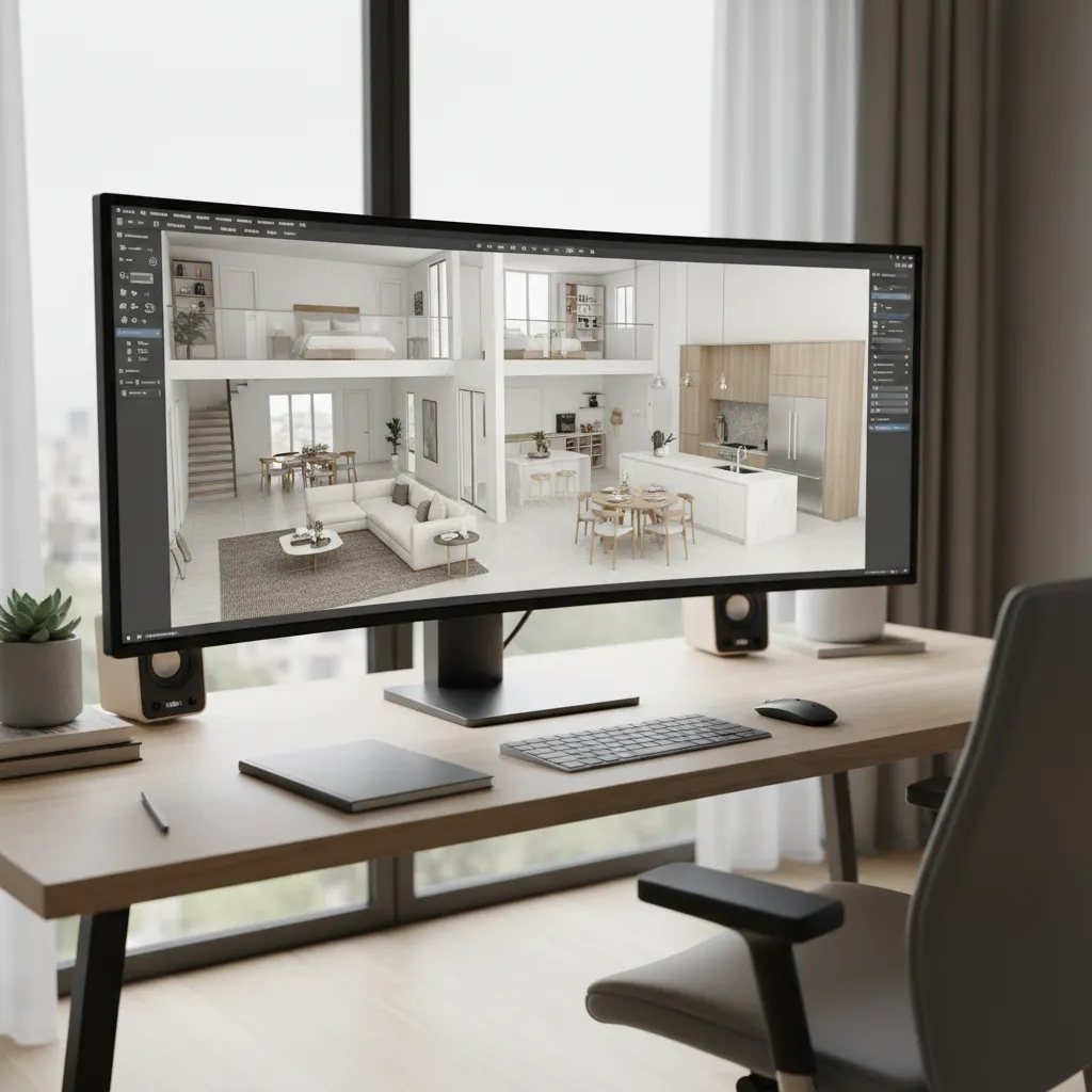 3D home design software interface showing interior rooms and furniture layout