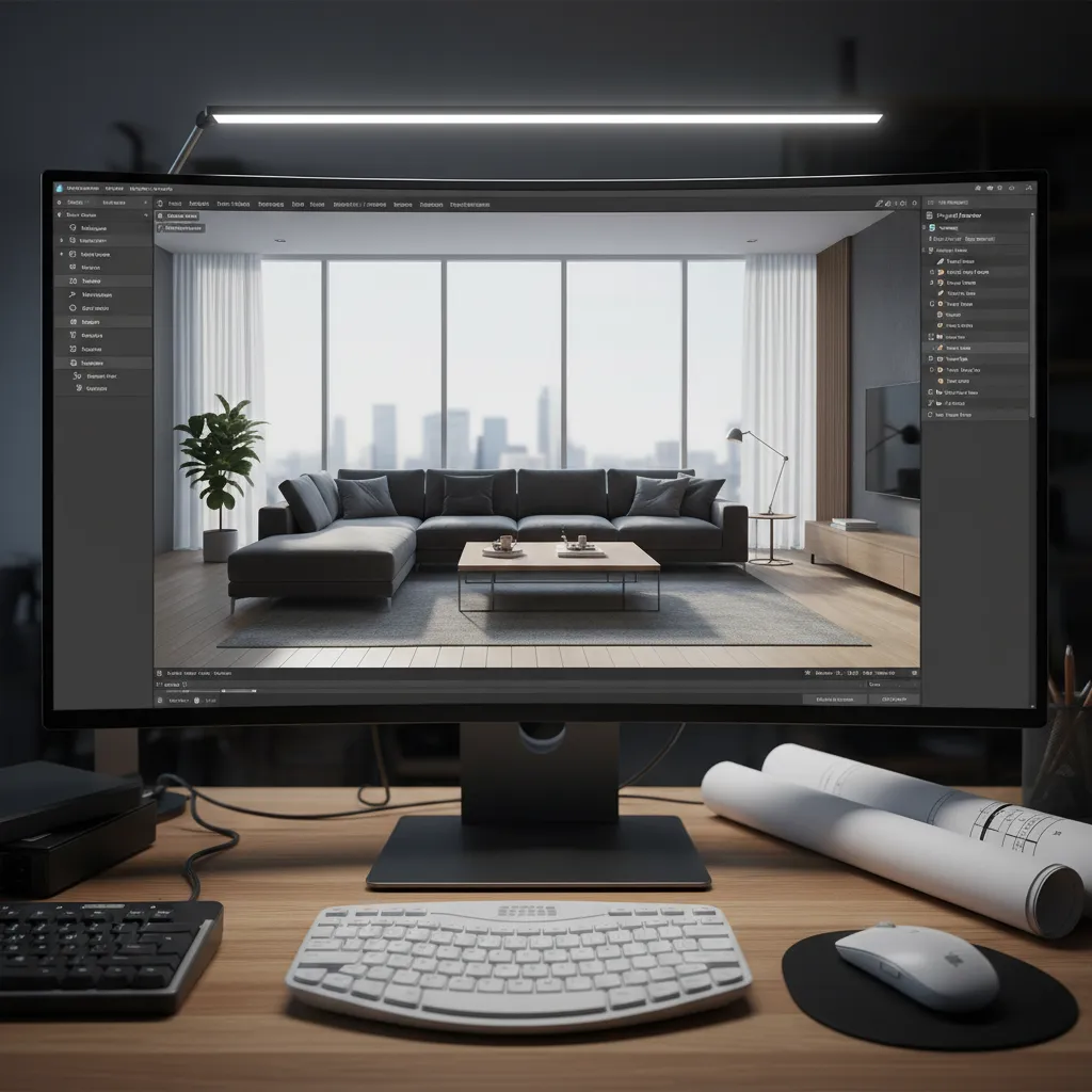 3D home design software interface showing a modeled living room layout