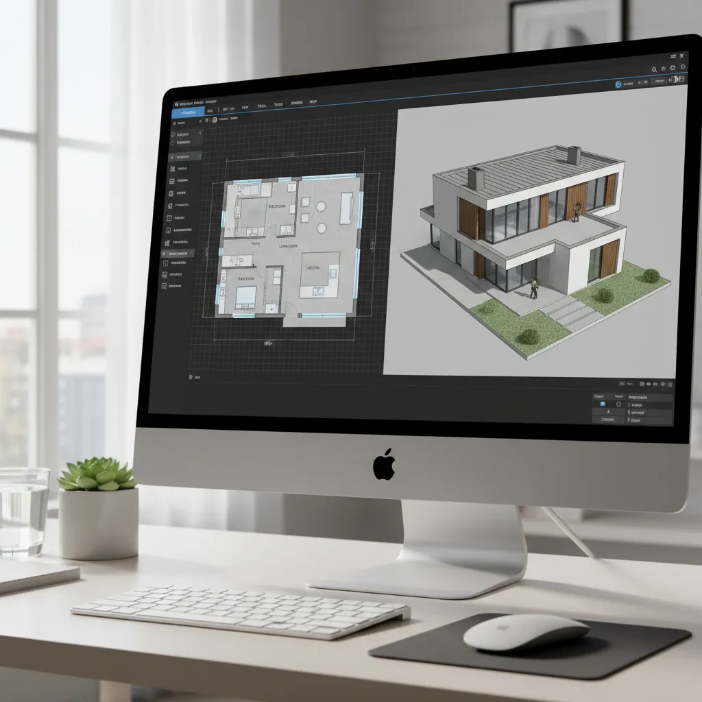 Example interface of 3D home design software showing floor plan and 3D house view