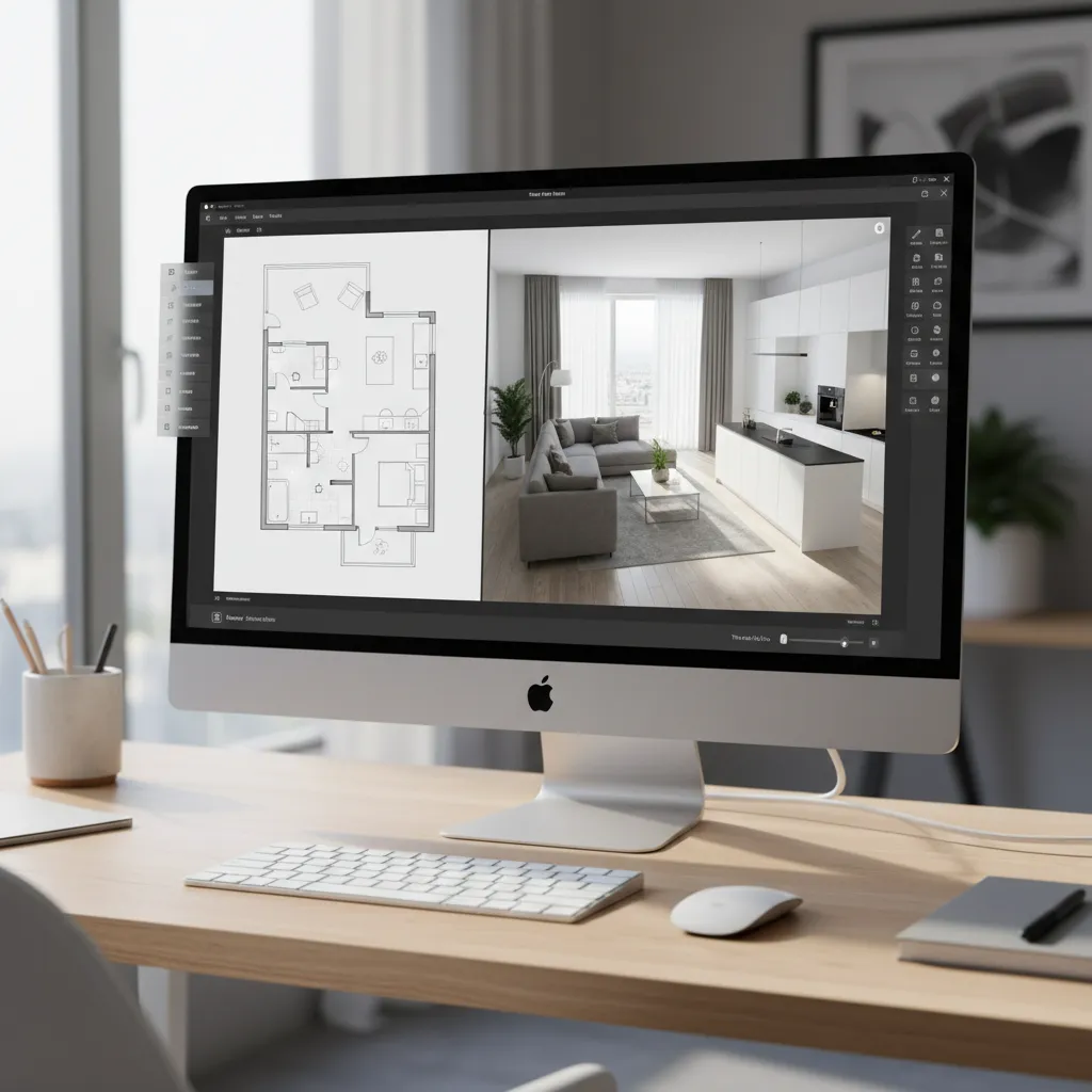 Example interface of 3D home design software showing floor plan and 3D view