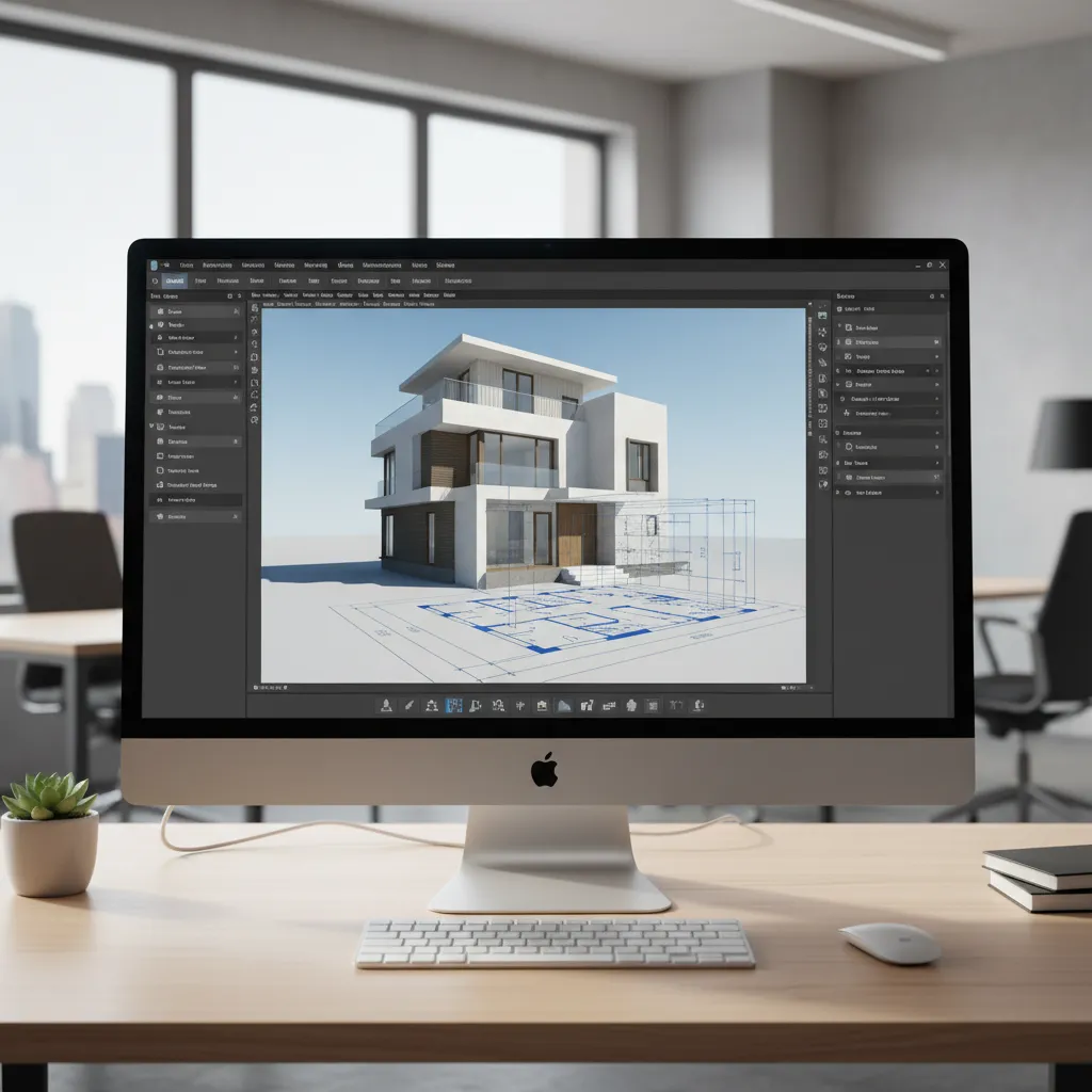 Computer screen showing 3D home design software with a house model and floor plan layout