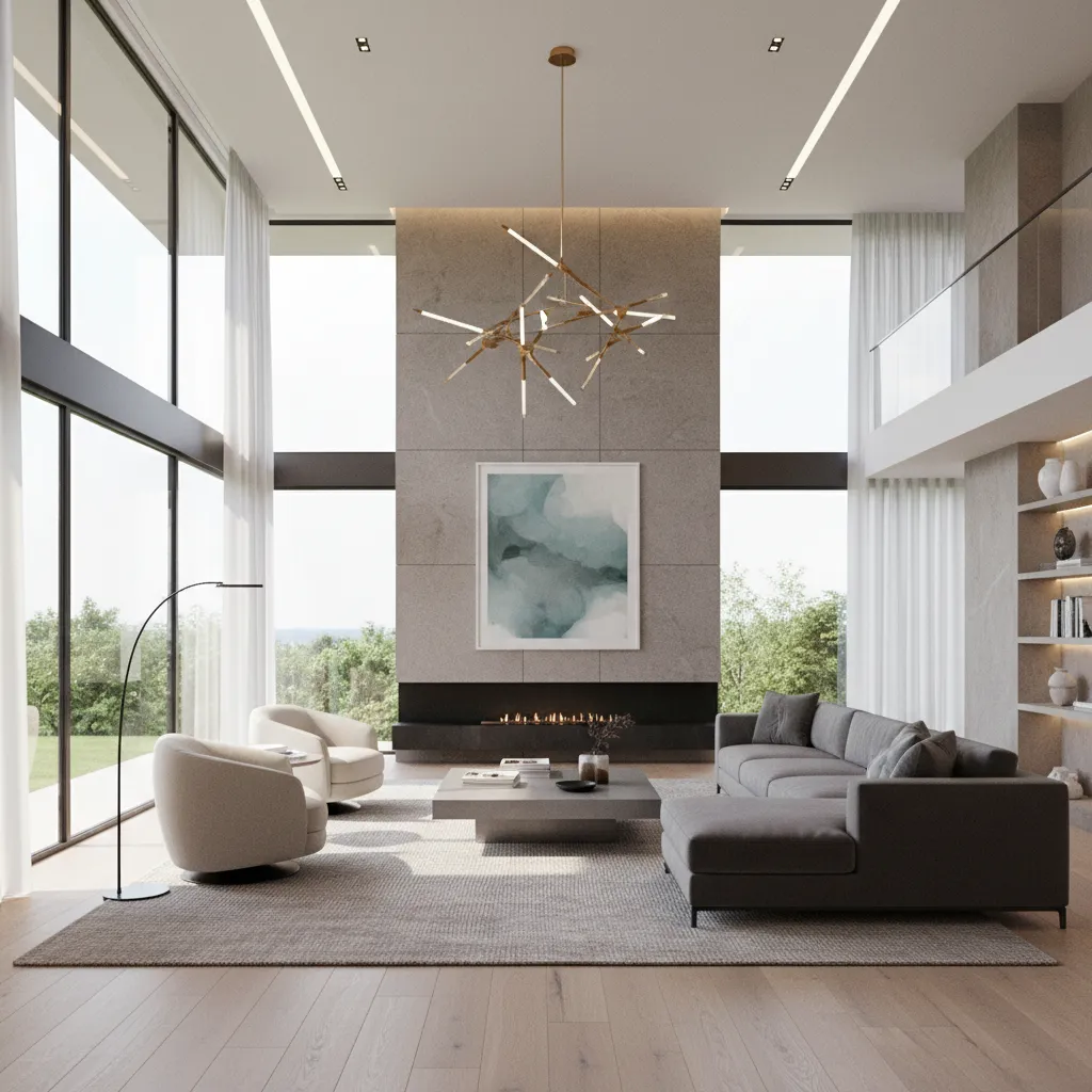 Modern living room with grey sofa two cream armchairs large windows and a ceiling light
