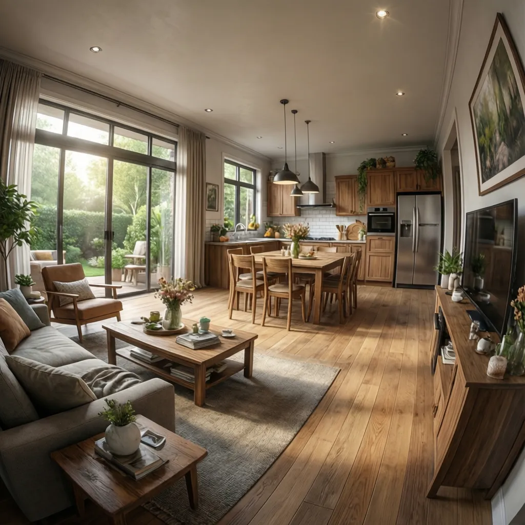 Visualización 3D de un interior de casa con muebles y materiales realistas