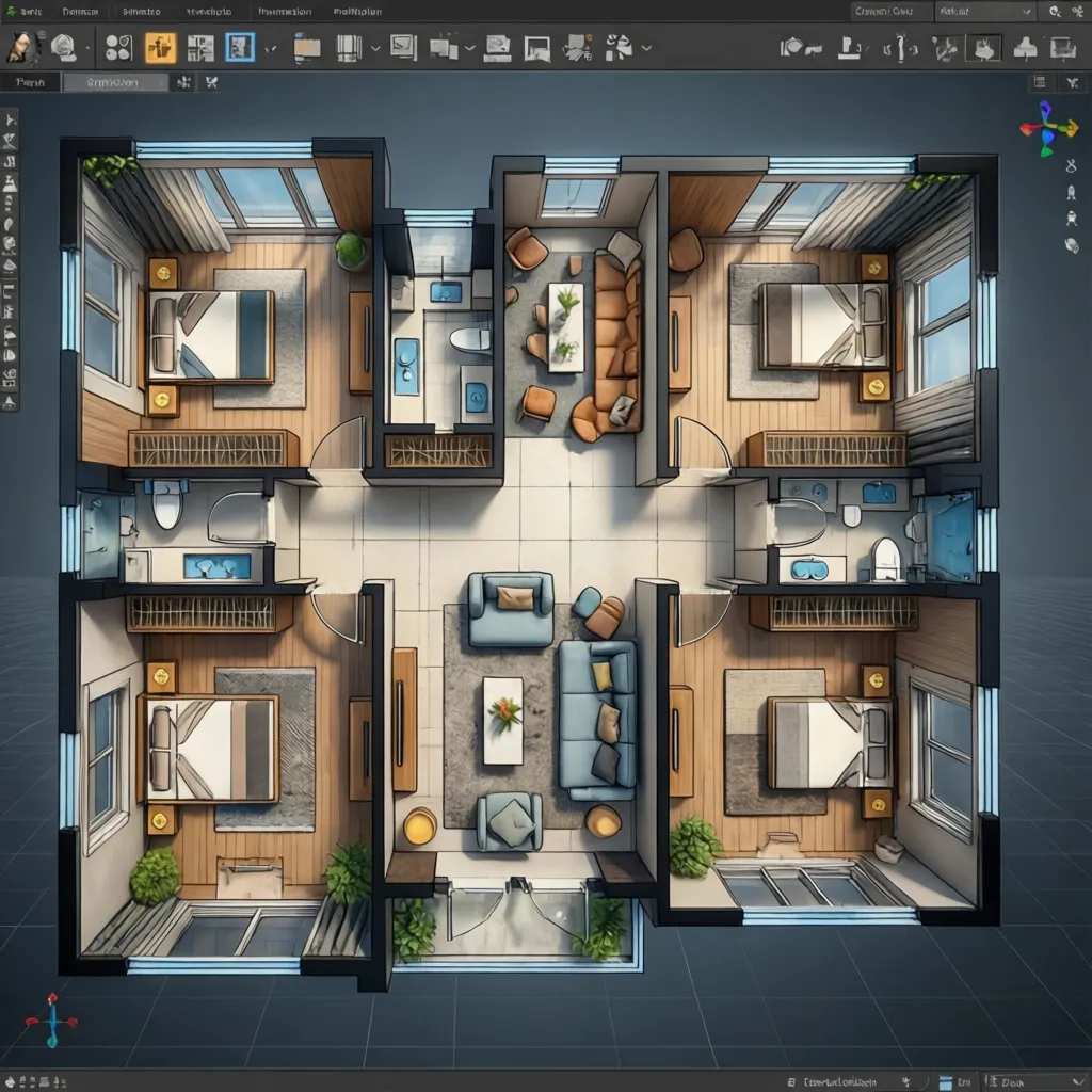 Visualización 3D de una casa moderna de planta baja en software de diseño