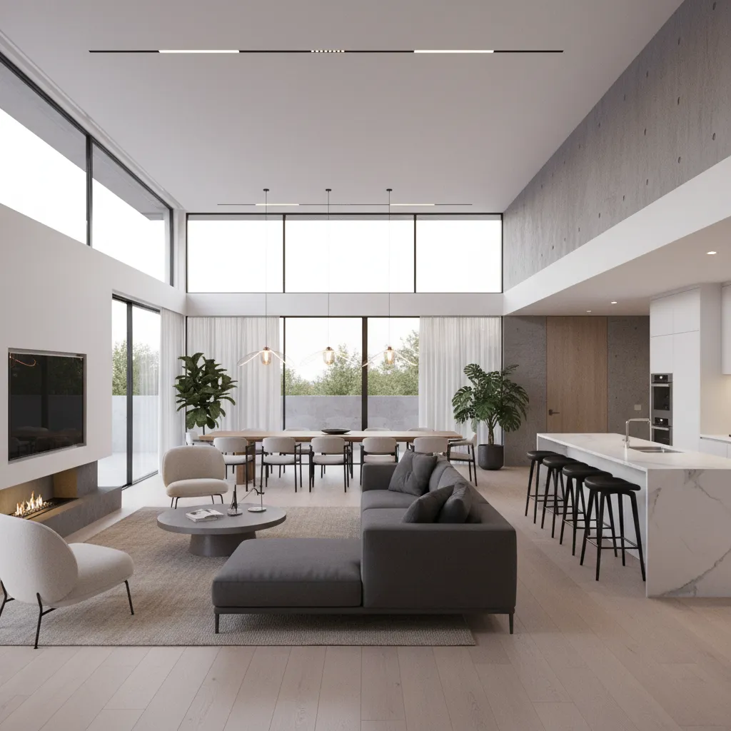 Visualización 3D de diseño interior de una casa moderna