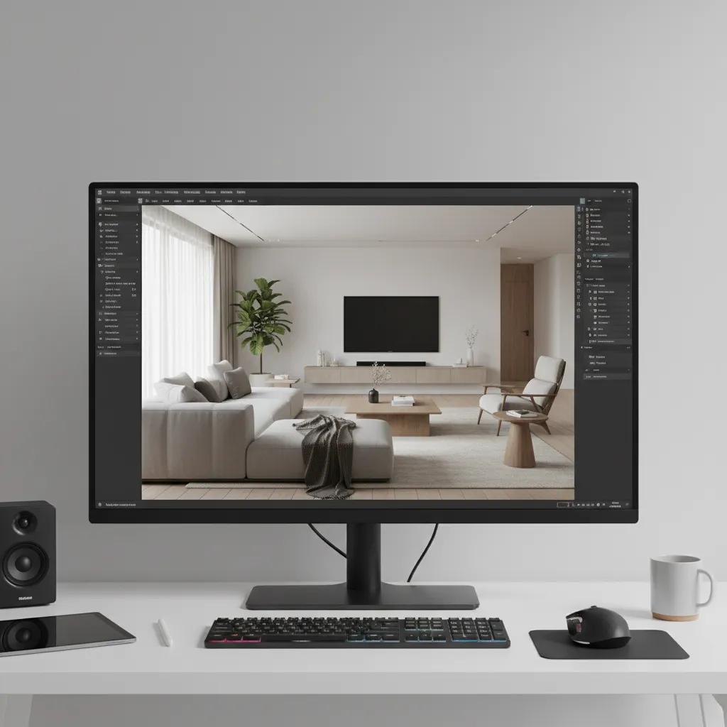 Computer screen showing 3D residential interior layout visualization used in modern design planning