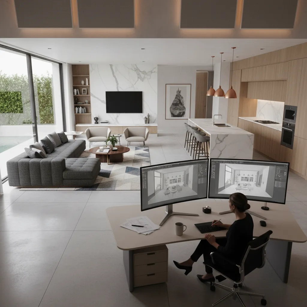 Proceso de diseño interior de una casa en 3D con muebles y materiales