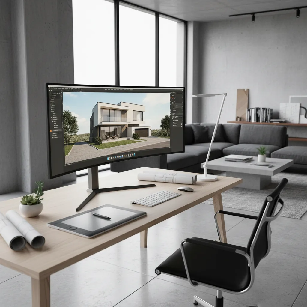 Coohom workspace with computer monitor showing house design on wooden desk with drawing tablet chair